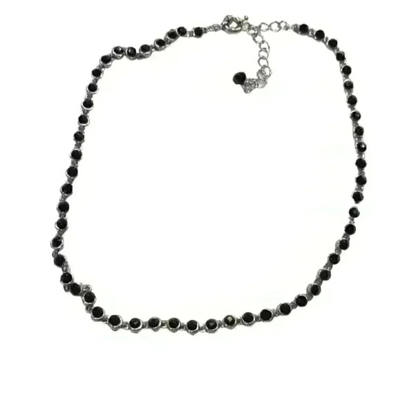 Black Glass beaded and silvertone necklace - Picture 1 of 5